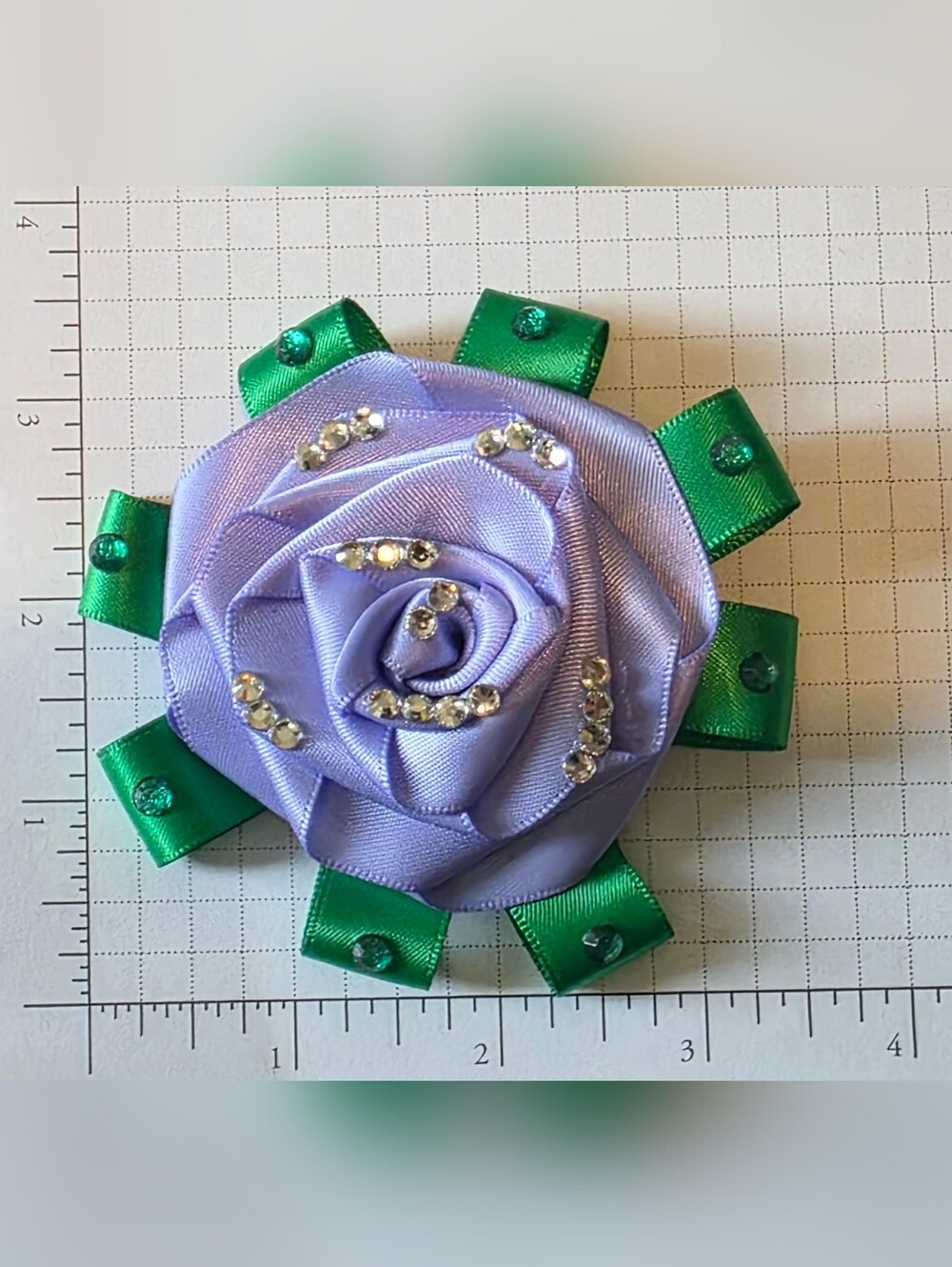 Handmade Lilac Satin Rose Hair Clip with Green Ribbon Accents